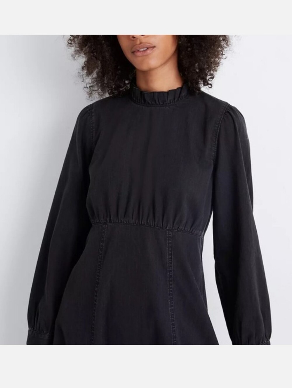 Madewell Black Long-Sleeve Ruffle Neck Dress Women's 12 - Picture 2 of 8